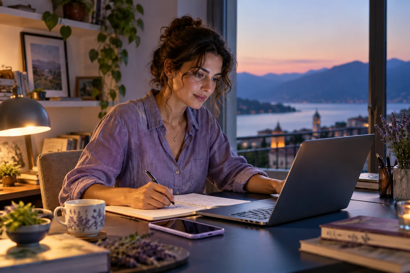 Una professionista organizza un progetto dal suo studio sul lago