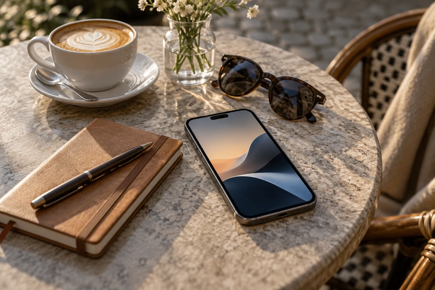 Telefono e taccuino su un tavolino di un bar italiano