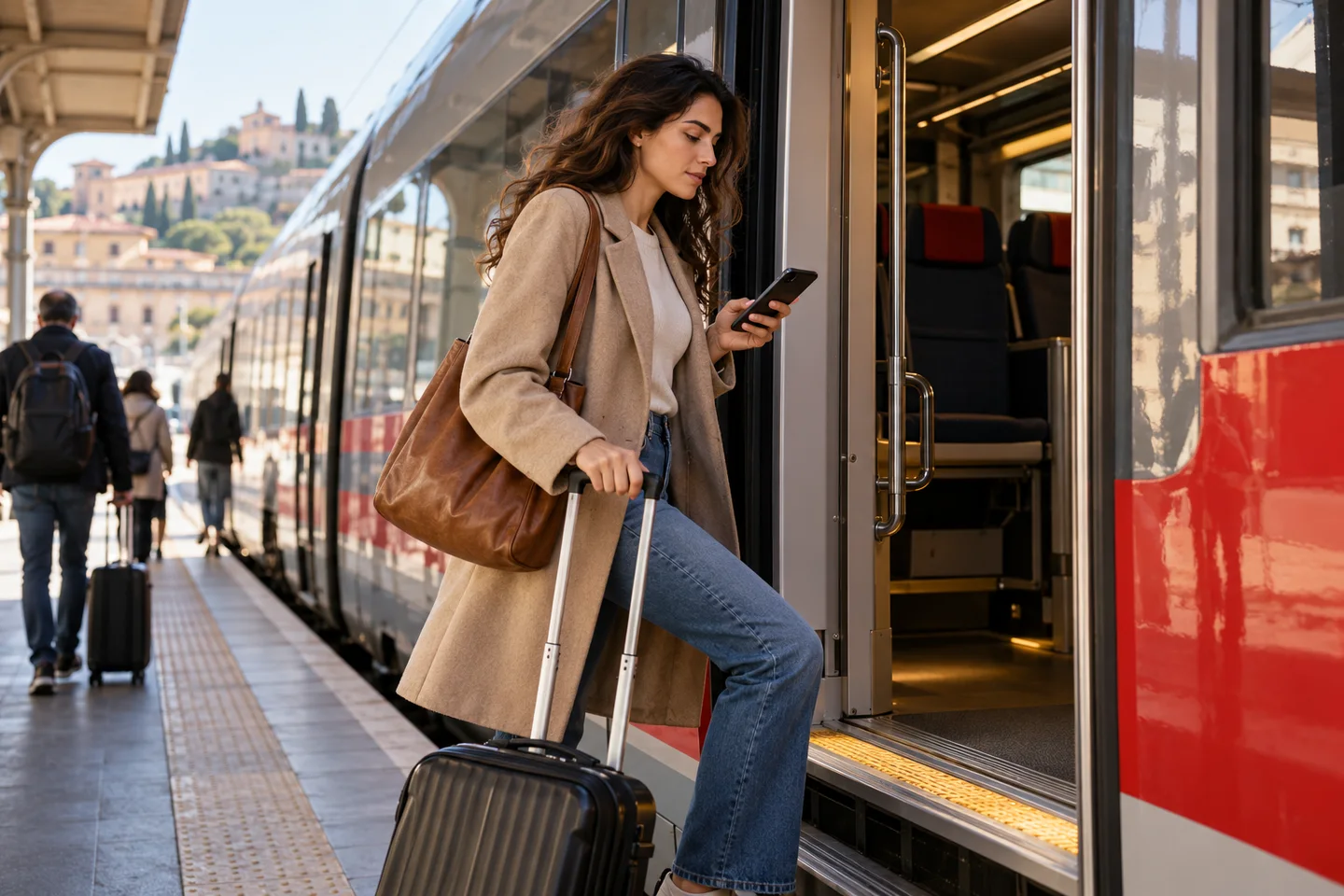 Una persona consulta il telefono in una stazione italiana