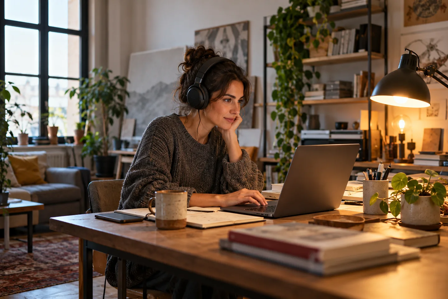 Postazione di lavoro con cuffie, portatile e telefono
