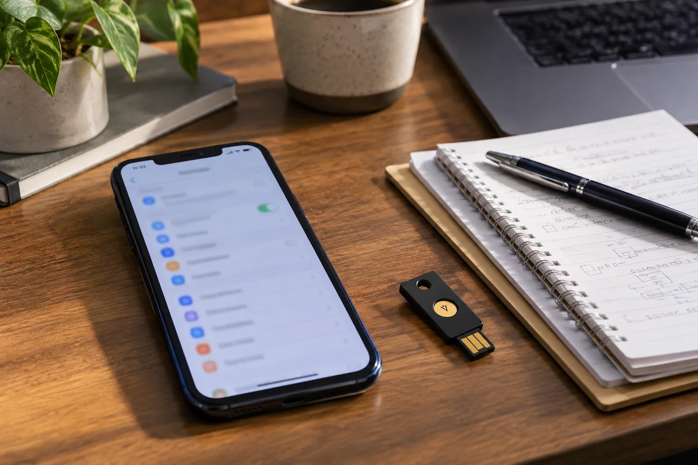 Telefono con schermata generica accanto a una chiave fisica di sicurezza